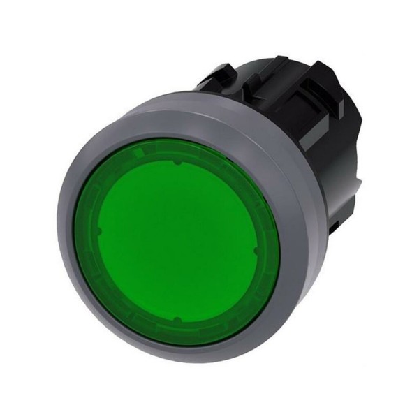 PULSADOR ILUMINADO, 22MM, REDONDO, PLASTICO C/ANILLO FRONT. METAL, VERDE, BOTON, RASANTE MOMENTANEO 3SU1031-0AB40-0AA0