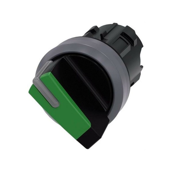 SELECTOR, ILUMINABLE, 22MM, REDONDO, PLASTICO C/ANILLO FRONT. METAL, VERDE, MANILLA, CORTA, 2 POSICIONES O-I, SOSTENIDO, ANGULO