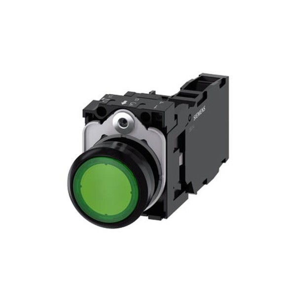 PULSADOR ILUMINADO, 22MM, REDONDO, PLASTICO, VERDE, BOTON, RASANTE, MOMENTANEO, CON SOPORTE, 1NA+1NC, MODULO LED, CON LED INTEGR