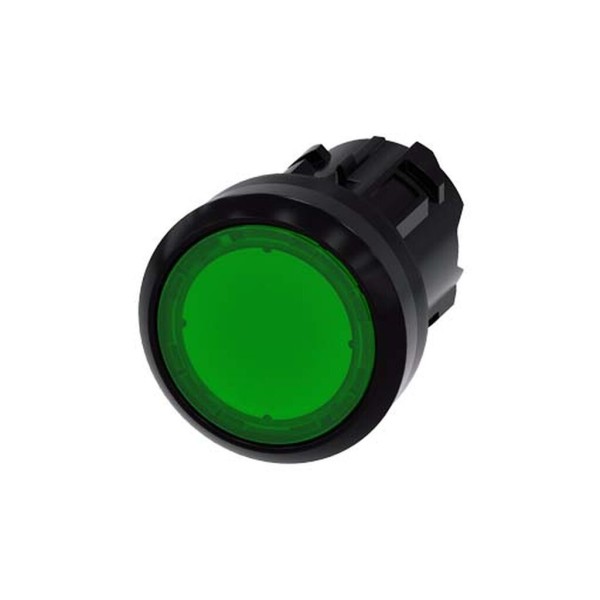 PULSADOR ILUMINADO, 22MM, REDONDO, PLASTICO, VERDE, BOTON, RASANTE, SOSTENIDO, RETORNO PULSANDO DE NUEVO 3SU10010AA400AA0