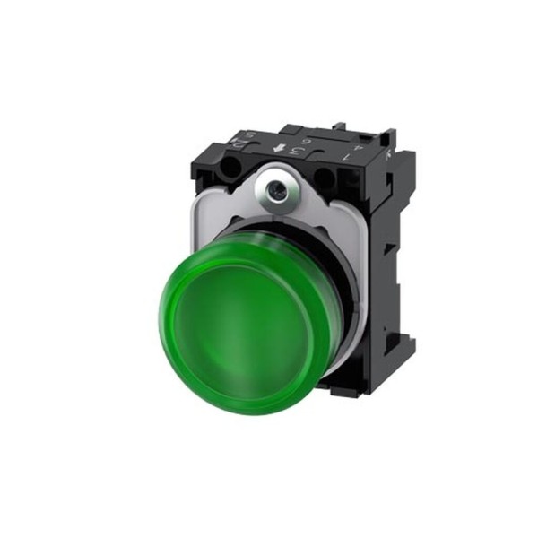 LAMPARA DE SENALIZACION 22MM, REDONDO, PLASTICO, VERDE, LENTE, LISA, CON SOPORTE, MODULO LED, CON LED 24V AC/DC INTEGRADO, BORNE